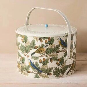 John Derian Bird-Print Covered pie/cake Carrier with White Handle and Blue Knob
